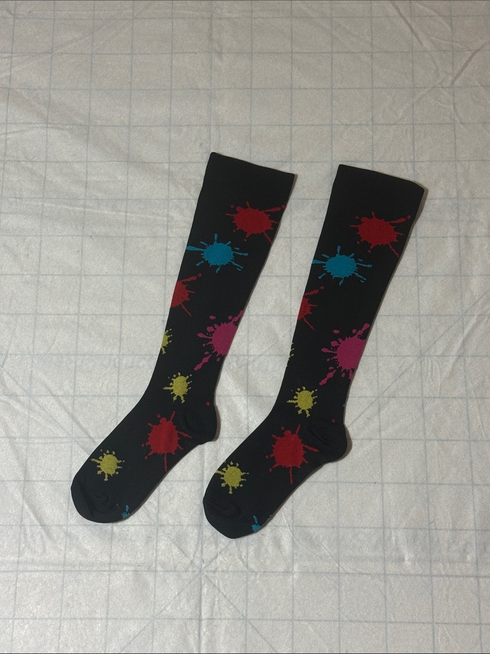 Black Knee-High Socks with Multicolor Paint Splatter size S/M